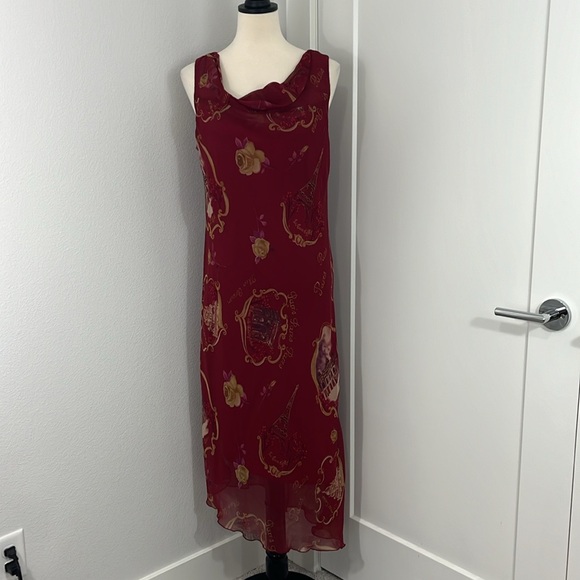 Vintage Y2K Meghan Matthews Size 14 Red Floral Asymmetrical Hem Cowl Maxi Dress - Picture 2 of 12